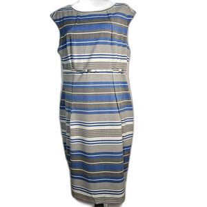 Calvin Klein Classy Striped Belted Dress in Blue Gray & White sz 14